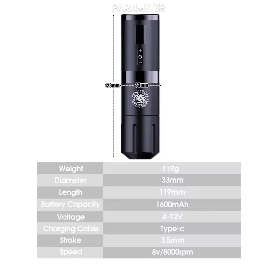 Dragonhawk Premium Wireless Tattoo Machine 3.5mm Stroke 1600mAh Battery